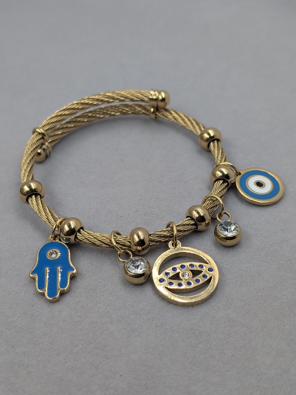 Gold Tone Cable Hamsa Evil Eye Charm Bracelet Blue Enamel | 1224